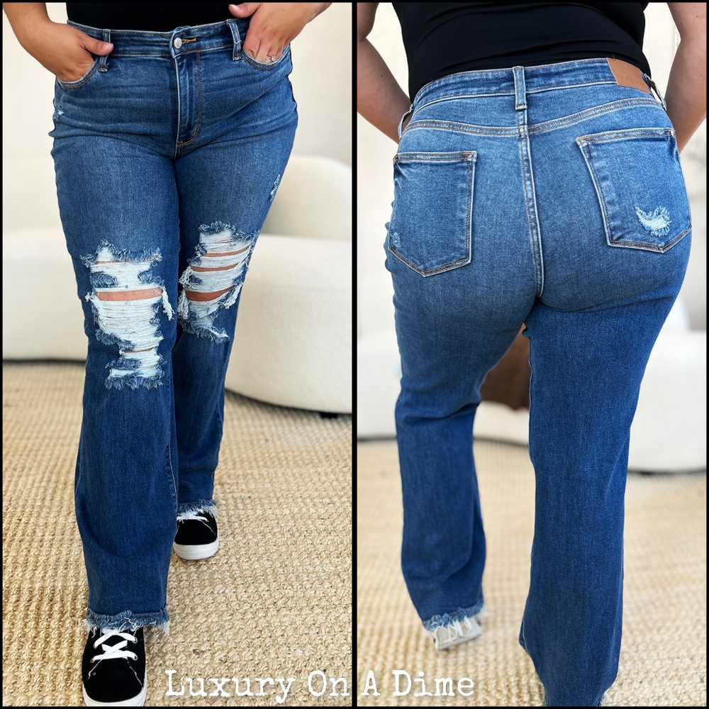 Mid-Rise Distressed Torn Mom Jeans Straight Leg Raw Hem Denim Pants Judy Blue - Picture 2 of 16